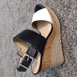 ANTONIO MELANI Leather Wedge Black & White Open Toes Sandals| Size 9M
